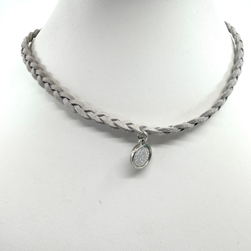 VTG Grey Braided Faux Suede Choker Necklace Silver Tone Glitter Druzy Disc Charm